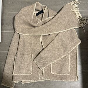 Cozy and stylish Tan Knit Cardigan with scarf and pockets